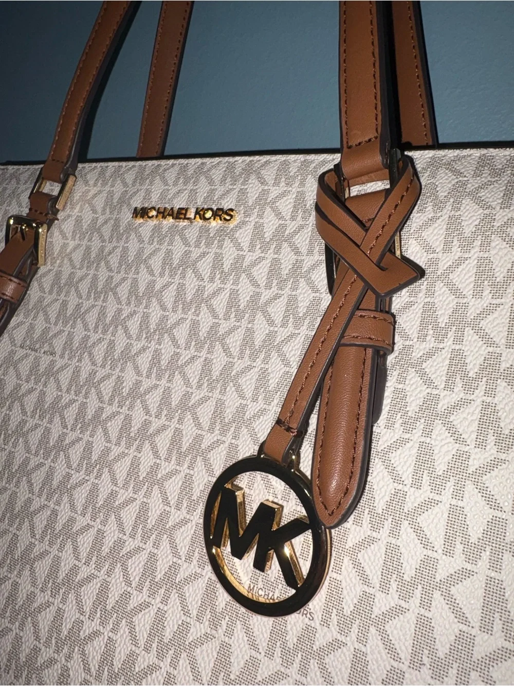 Michael Kors Cream Logo Tote with Brown Leather Straps - Picture 2 of 6